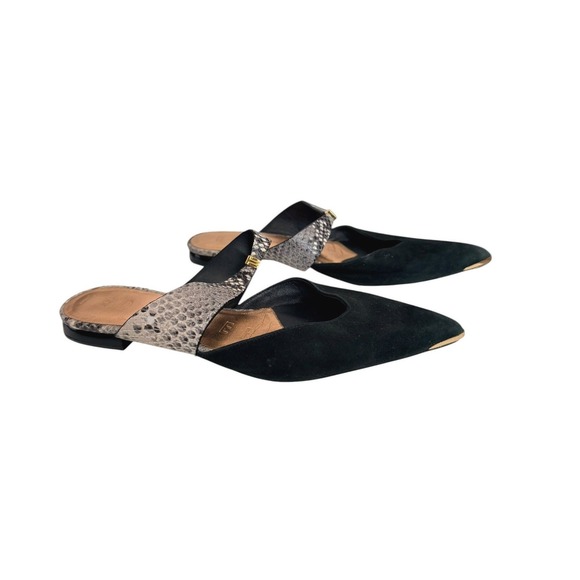 Ted Baker Shoes - Ted Baker Lorana Black Suede Snakeskin Pointed Toe Mules Gold Detail Flats 38.5